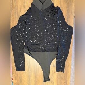 Black Long Sleeve Mesh Bodysuit with Rhinestones